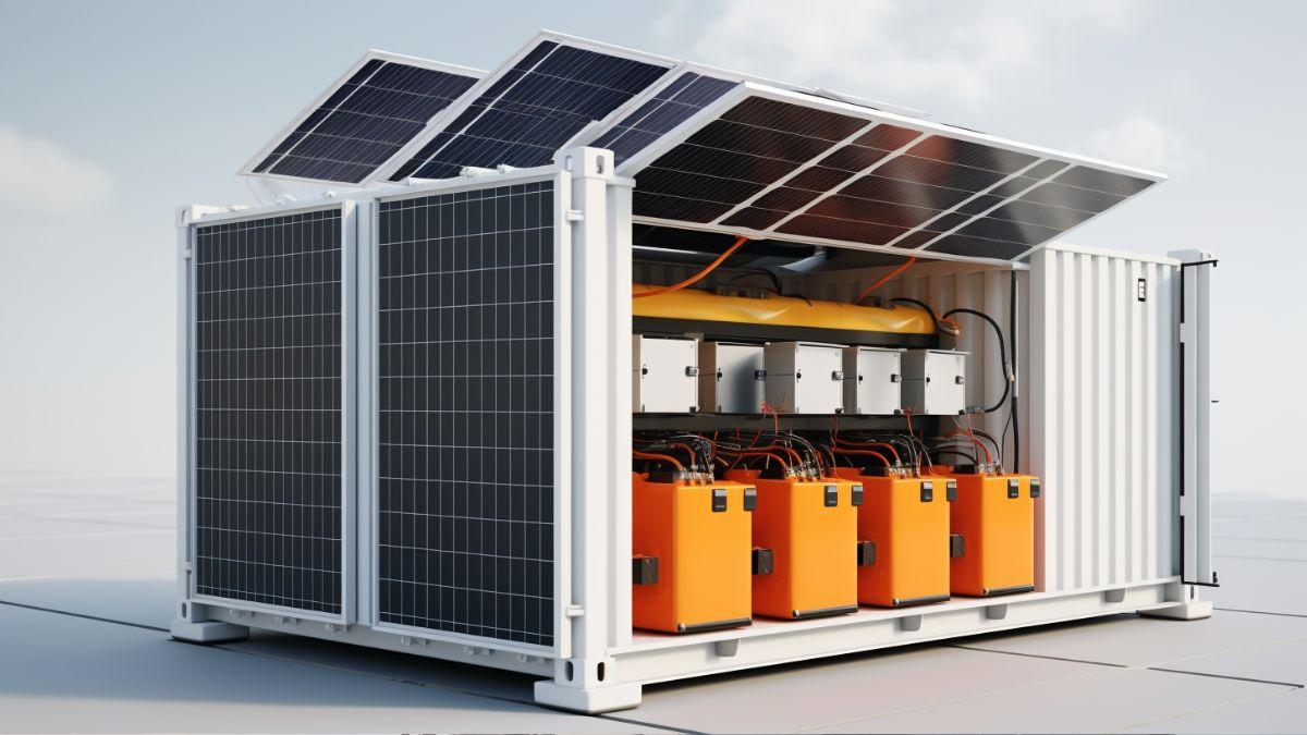 Customized battery pack container with solar panels and orange battery modules