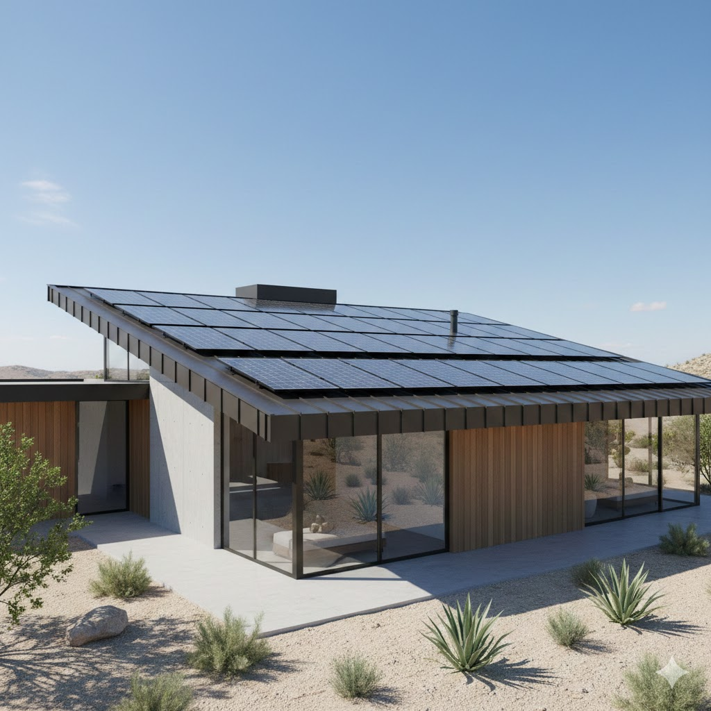 Modern home with rooftop solar panel system and energy management